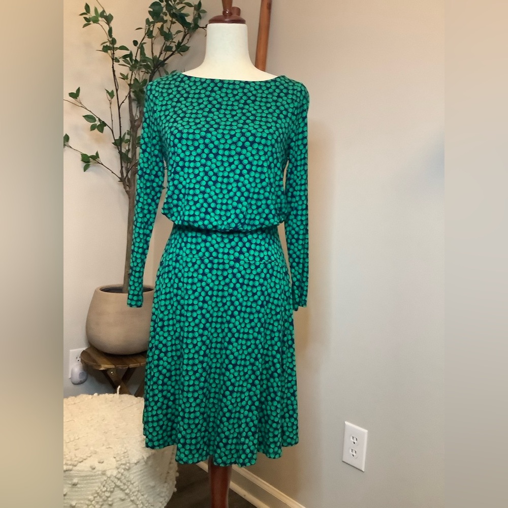 New Boden Dress Womens 2 Green Blue Bubble Dot Print Nellie Blouson Dress